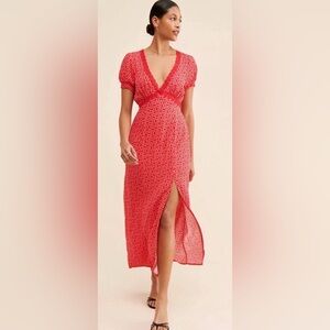 Free People Marley Maxi Dress Red Lace Trim Boho V Neck Short Sleeve M